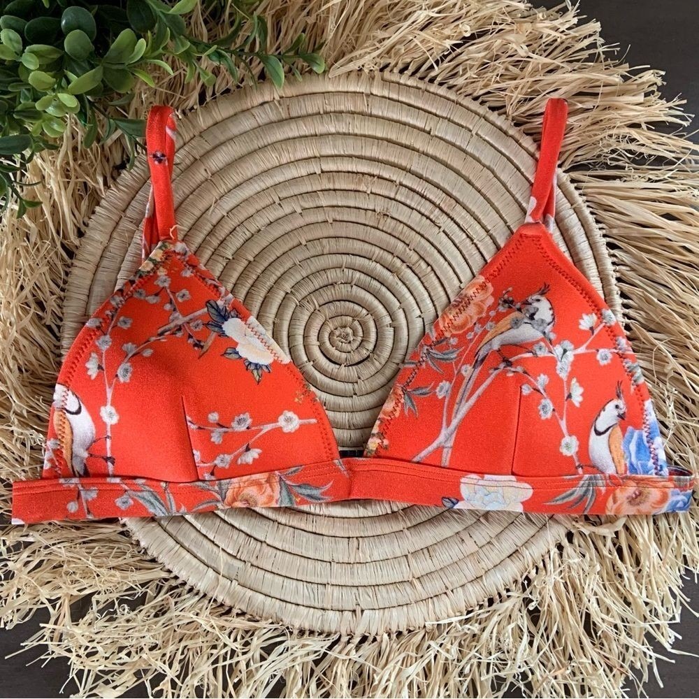 TRIANGL Women's Triangle Bikini Swim Top Orange Parrot Floral Size Small - Picture 1 of 11